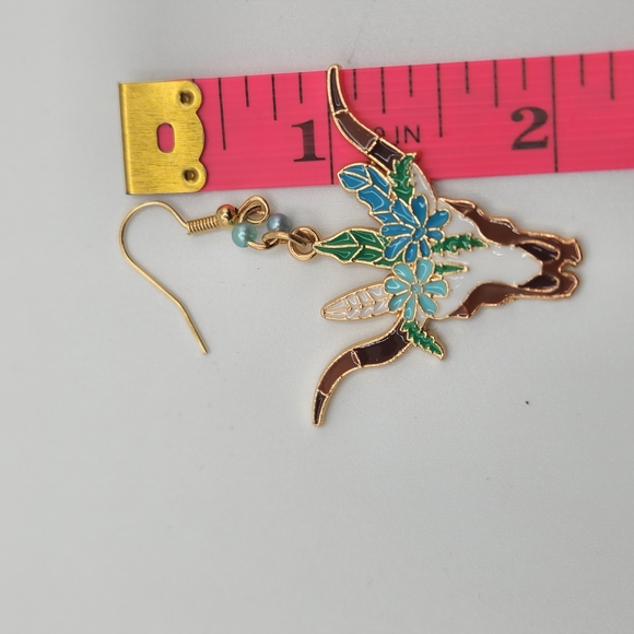 Handmade Brown and Blue Longhorn Skull Earrings – 2" Statement Dangles - Picture 6 of 6